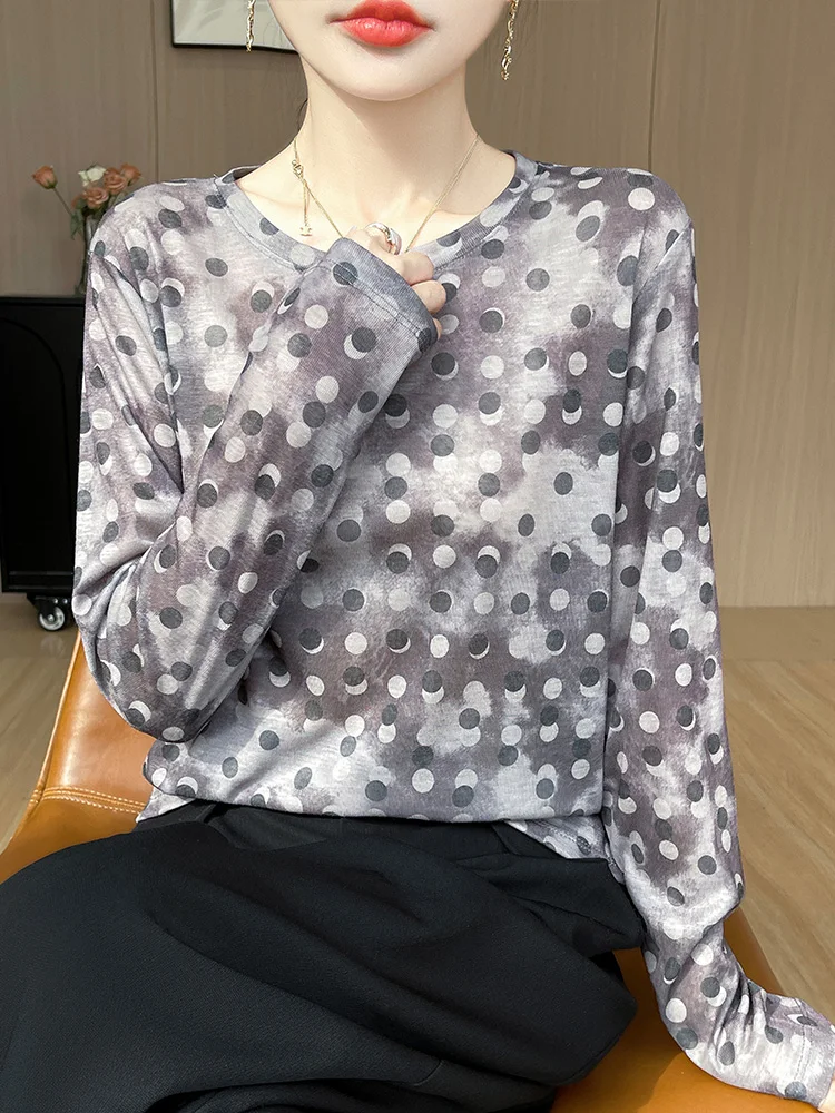 

Long Sleeve Knitted Ice Silk Loose T-Shirt Women's Spring Summer Anti UV Soft Comfortable round Neck Casual Style Top