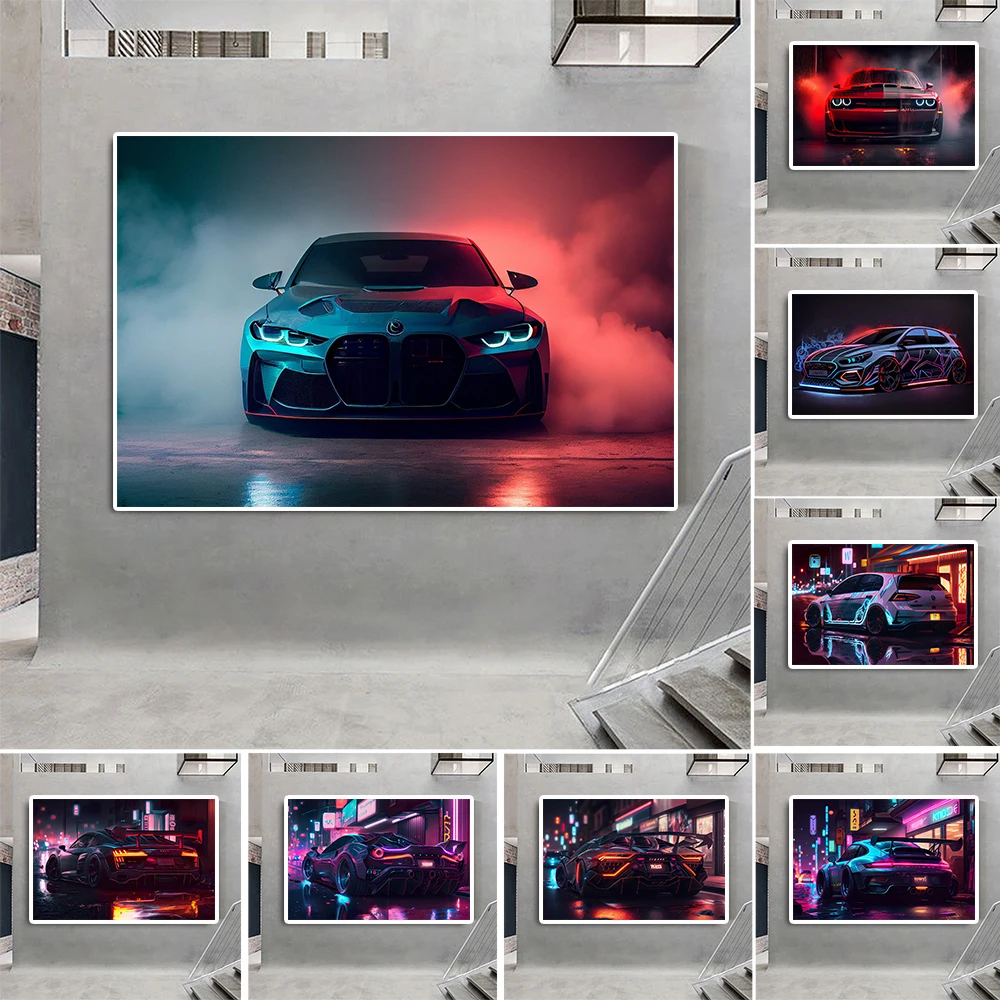 Neon Effect Sports Car Dodge Challenger Poster Luxury Racing Aventador Canvas Painting Classic M4 Supercar Wall Art Room Decor