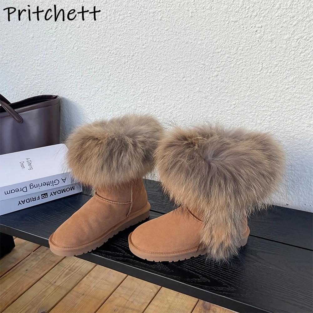

Теплые зимние ботинки из лисьего меха с круглым носком на плоской подошве и мягкой лоскутной обувью для отдыха, удобная обувь для отдыха, зимние женские теплые ботильоны