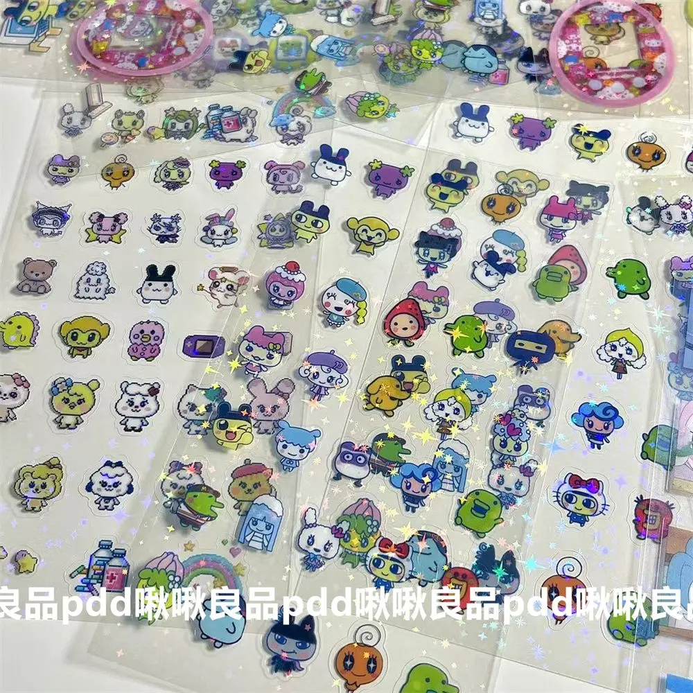 Pegatinas de película Flash láser repetitivas Kawaii Tamagotchi, fundas de teléfono transparentes de dibujos animados, cuaderno, pegatinas decorativas Diy, regalos