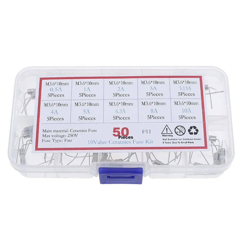 50Pcs 10Value 3.6 x 10MM 0.5A-10A with a pin Fast Break Ceramic Fuse Tube Assorted Kit set