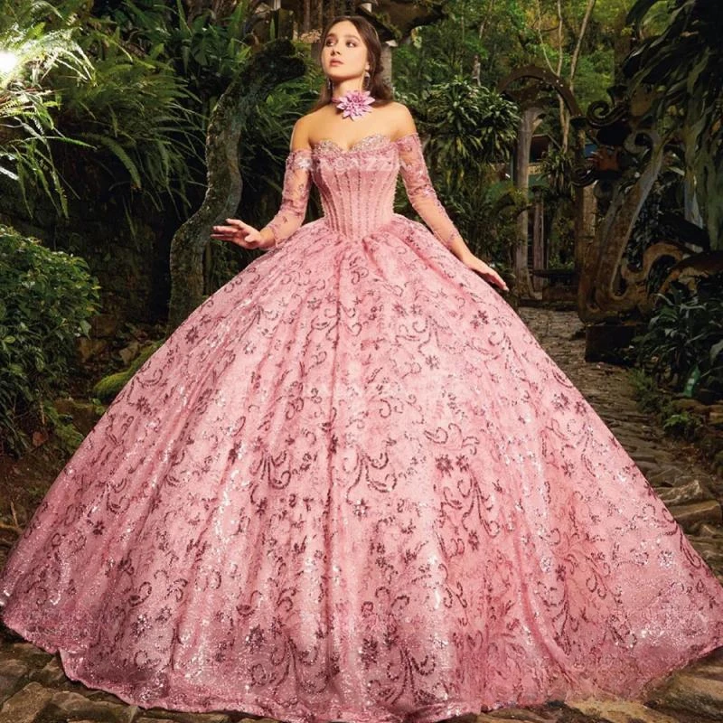 Vestido De baile De encaje con lentejuelas y purpurina rosa, quinceañera, manga desmontable, corsé con cuentas De cristal, 15 Años