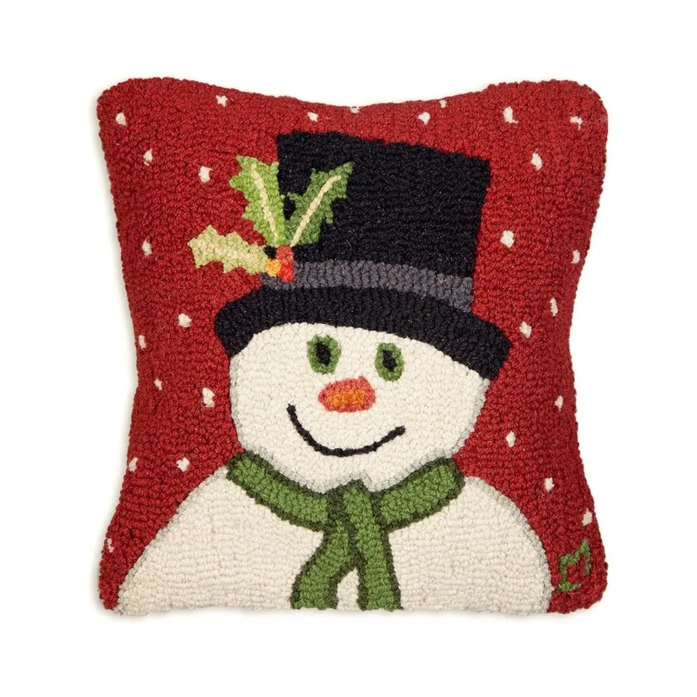 Snowman with Top Hat Hand-Hooked Wool Decorative Throw Pillow (18” x 18”) Christmas Pillow for Couches & Beds - Low Maintenance