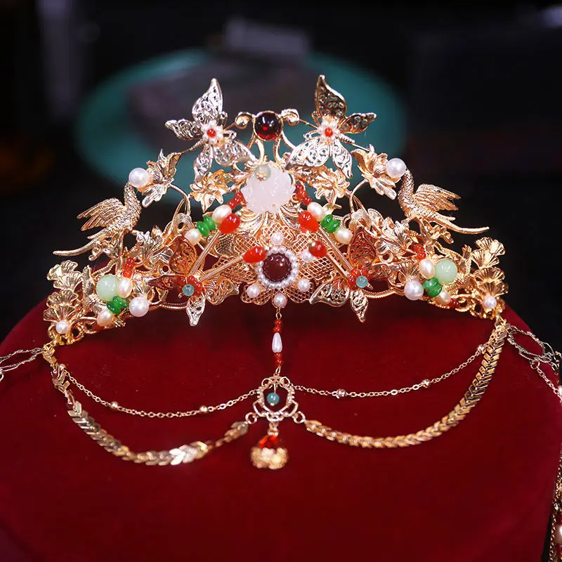 Women's Gold-plated Butterfly Flowers Beaded Tassel Hair Crown Hairpin Set Chinese Hanfu Headwear