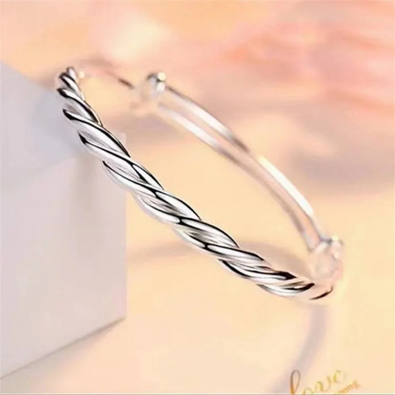 S999 Solid Sterling Silver Twist Bangle For Women Adjustable Push Pull Twisted Woven Silver Bracelet Hypoallergenic Fine Jewelry