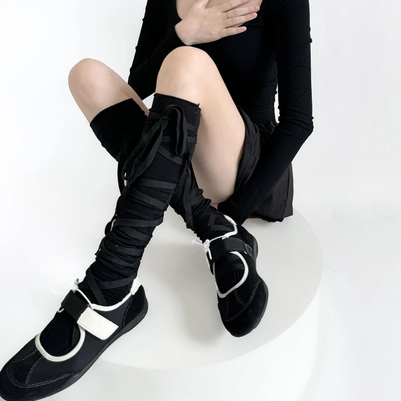 2026 Spring/Summer New Product Ballet Style Lolita Strap Bow Cross Knee Stacking Calf Socks Thin Edition Mesh Stocking