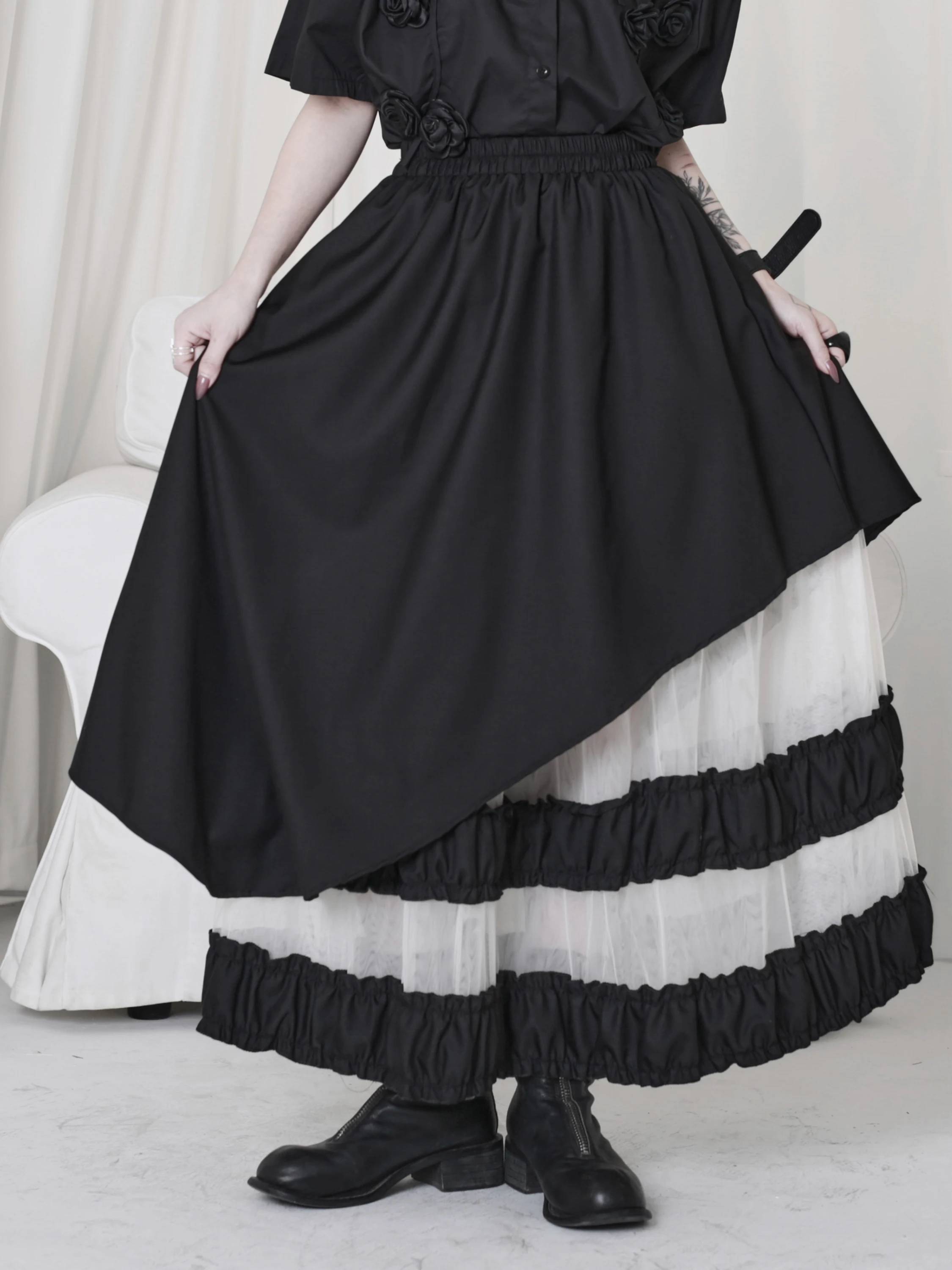 Saia Gótica Irregular de Camadas, Comprimento Médio, Estilo Guarda-Chuva Volumosa, Vintage, Cintura Média, Caimento Solto, Fina, Cor Lisa