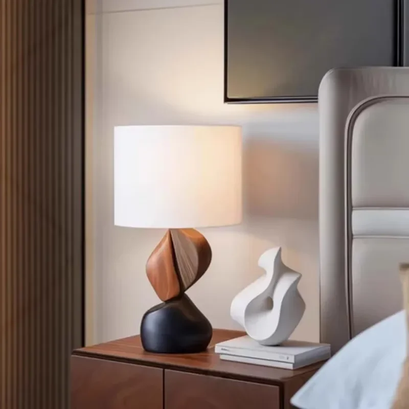 Abstract Two-color Engraved Hand-carved Modern Custom Wooden Fabric Lampshade for Bedroom Night Lighting Wall-Mounted