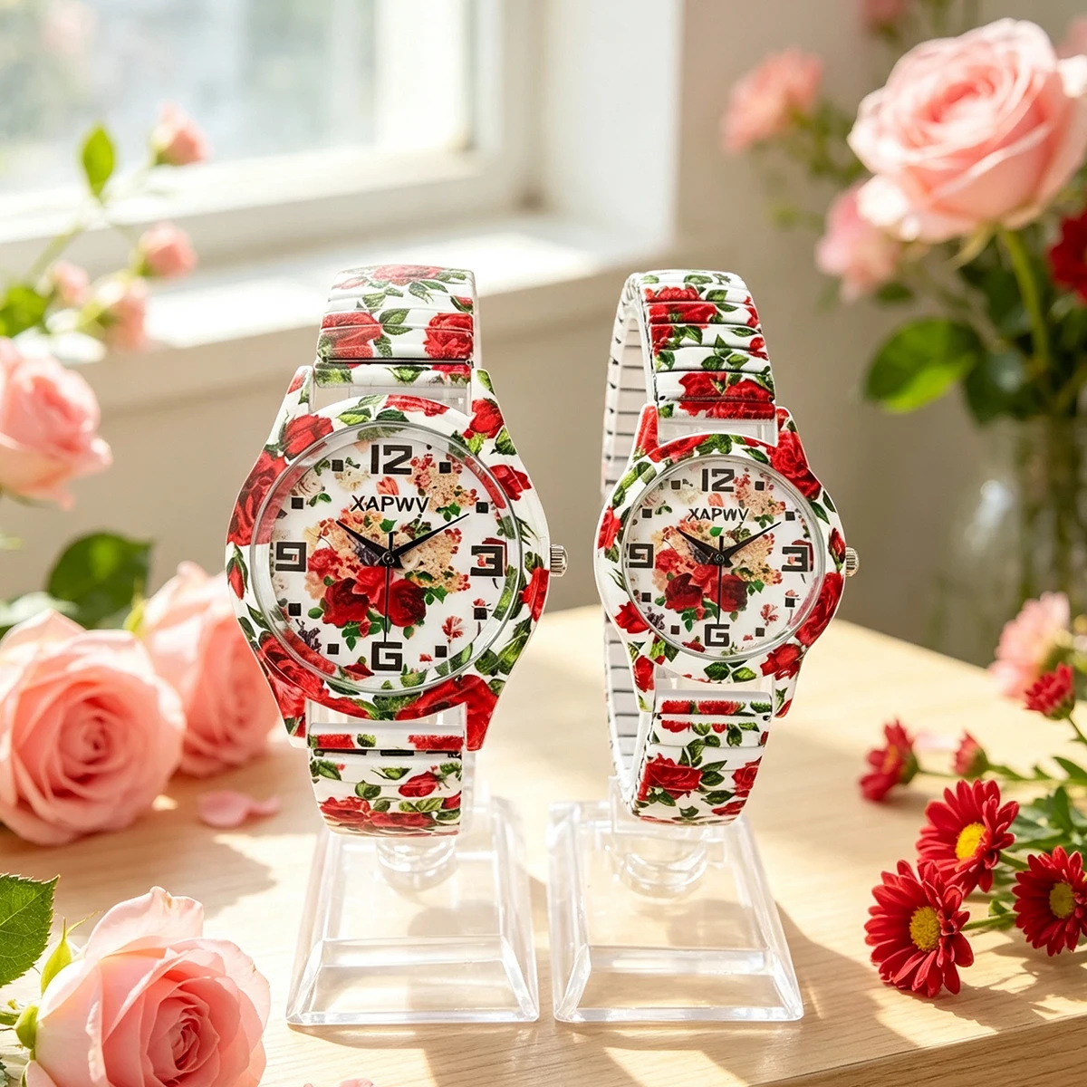 Rose Quartz Women's Watch, Light Luxury Niche Fashion Casual Elastic Strap Couple's Set
