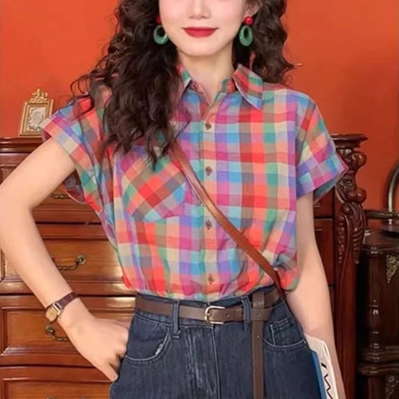 Retro Hong Kong Style Colorful Plaid Short Sleeved Shirt Summer New Color Collision Fashionable and Casual Polo Collar Lady Top