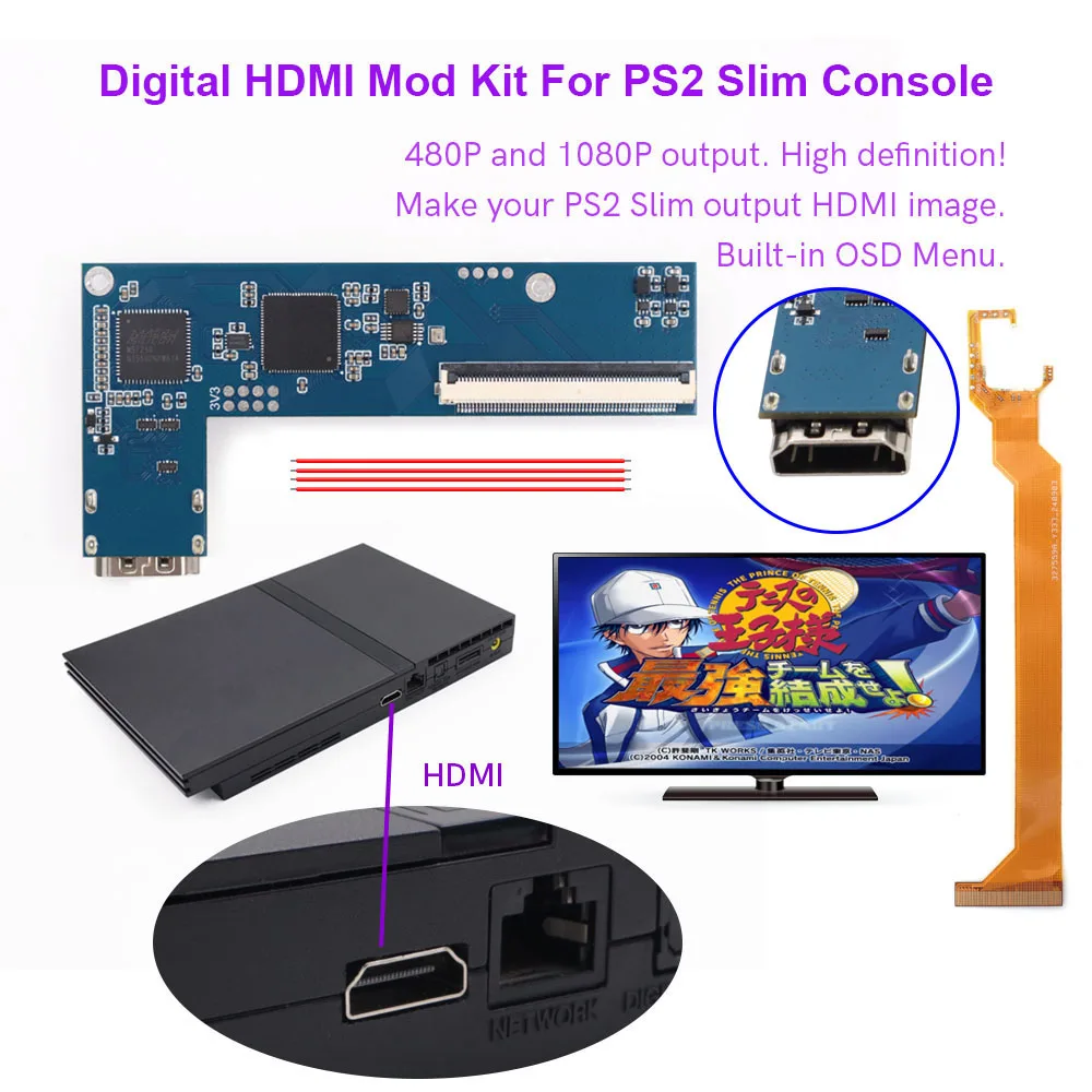 Hispeedido Zestaw HDMI Digital-to-Digital do PS2 Slim, Moduł HDMI do Konsoli PS2 Slim, wymaga umiejętności lutowania — 2
