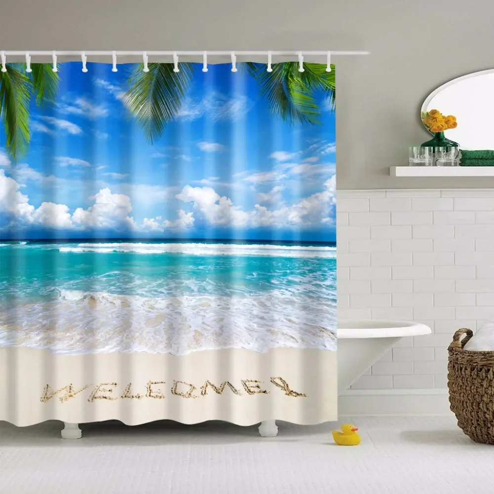 Seaside Scenic Beach Shells Shower Curtains Starfish Conch Blue Board Palm Trees Sunset Nature Scenery Bathroom Curtain Decor