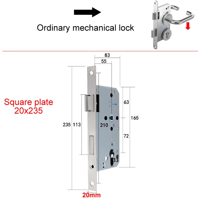 7255 European standard silent lock body panel 23x235mm Silent lock tongue Round Square panel cylinder 32mm 5572 lock body