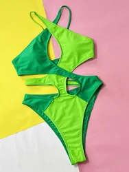 sexy green bandage patchwork swimsuit one piece hollow out halter bikinis swimwear bodysuits women biquini bathing suits tankini