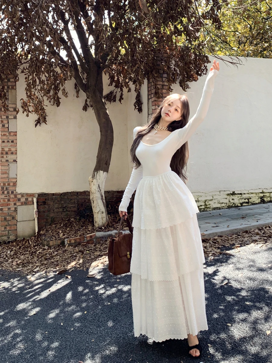 ชุดเดรสยาวหรูหราผ้าแจ็คการ์ดสีขาวแต่งระบายสำหรับผู้หญิง ฤดูใบไม้ร่วง ฤดูหนาว ชุดเดรสทรงระบายหรูหราสไตล์เกาหลี ปี 2025 ชุดเดรสเข้ารูปสำหรับงานปาร์ตี้
