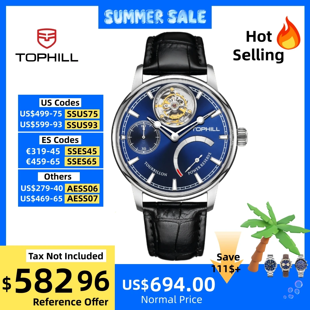 

Tophill Tourbillon Watch For Men Mechanical Watch 43.7mm Luxury Skeleton Dial Leather Strap Reloj 316L Stainless Steel TU013G