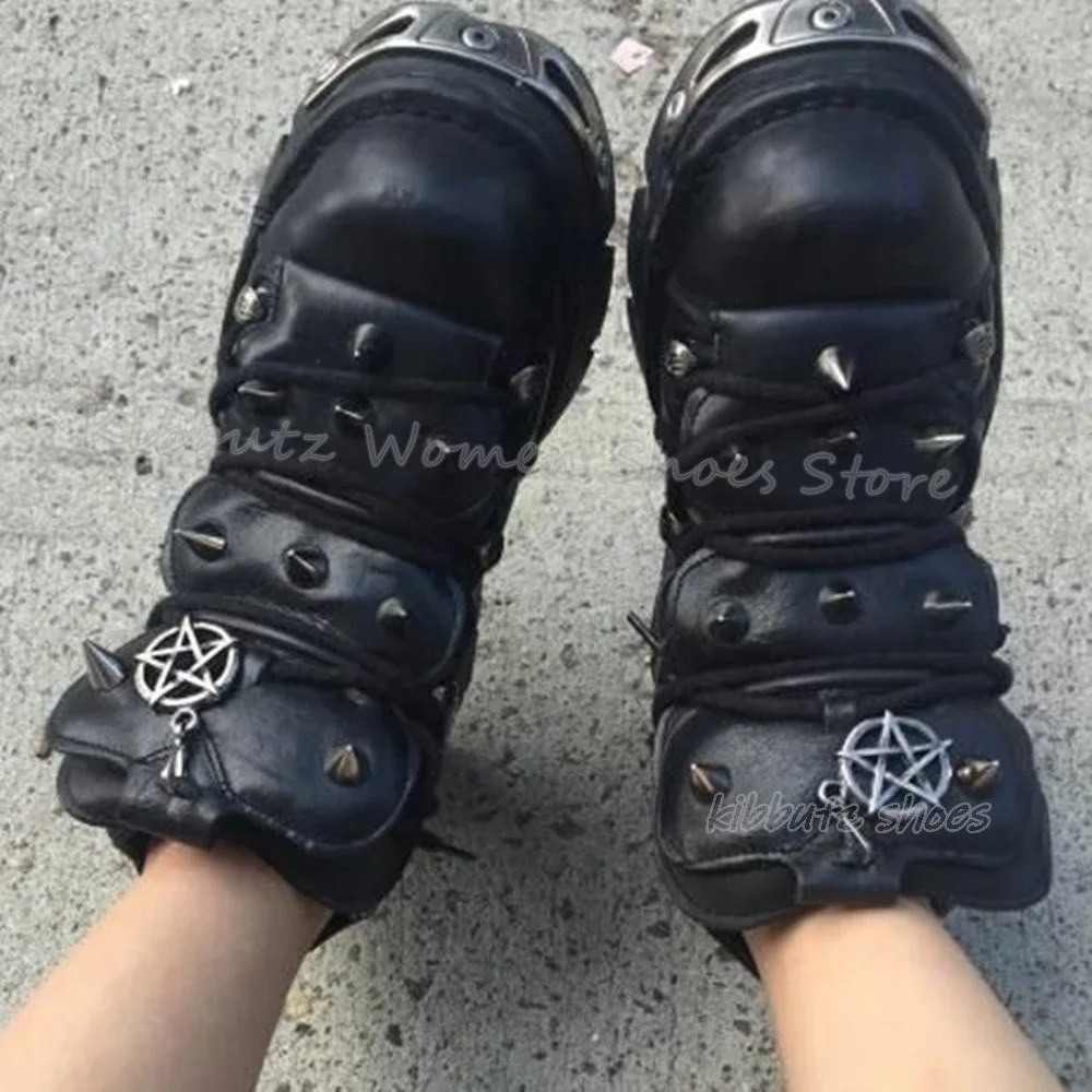 

Rivets Sneaker Lace-Up Gothic Punk Rock Thick Bottom Hot Girls Luxury Leather Solid Color Fashion Elegant Concise Shoes Newest