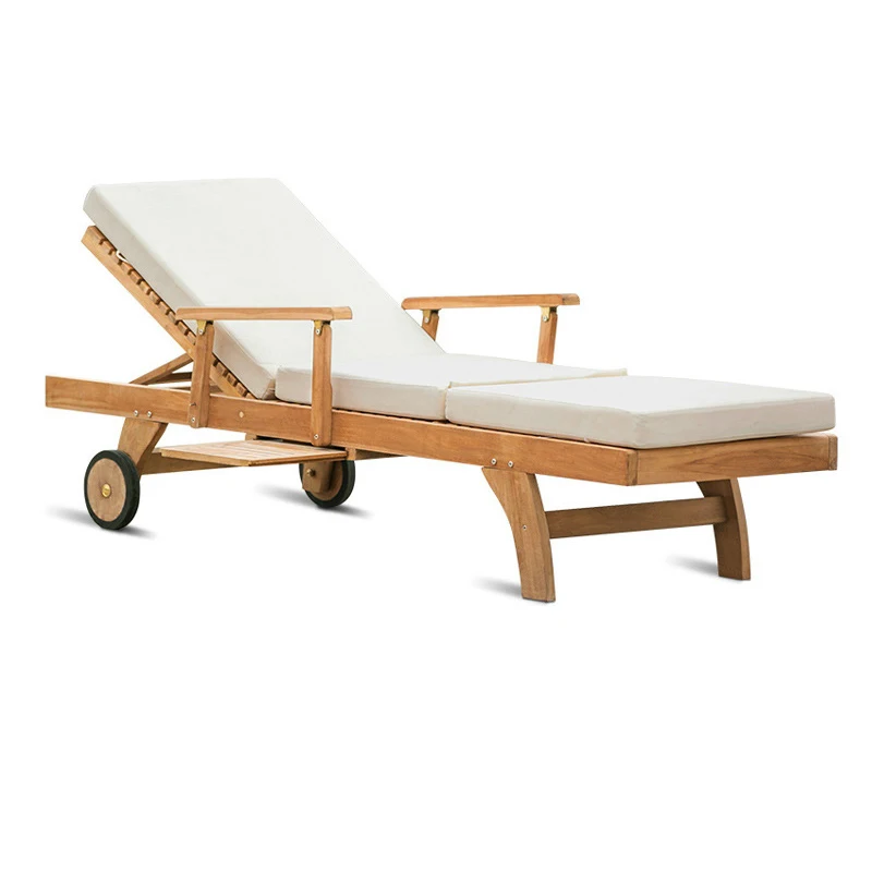 Outdoor Beach Lounge Chair With Pulley Solid Wood Anti-corrosion Swimming Pool Leisure Lounge Chai