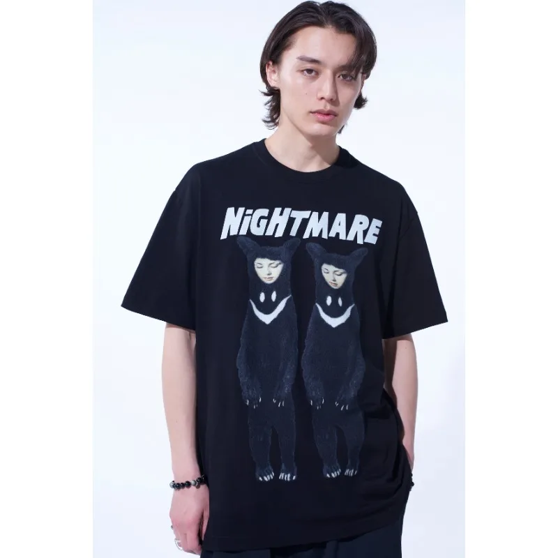 Camiseta japonesa de moda Yohji Yamamoto con estampado de arte seleccionado para hombre, camiseta superior de oso nocturno