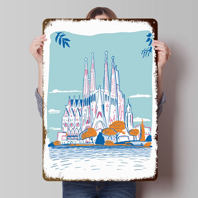 Sagrada Familia Barcelona Tinplate Poster Custom Wall Art Vintage Metal Signs Retro Tin Plaque for Home and Decoration Room At