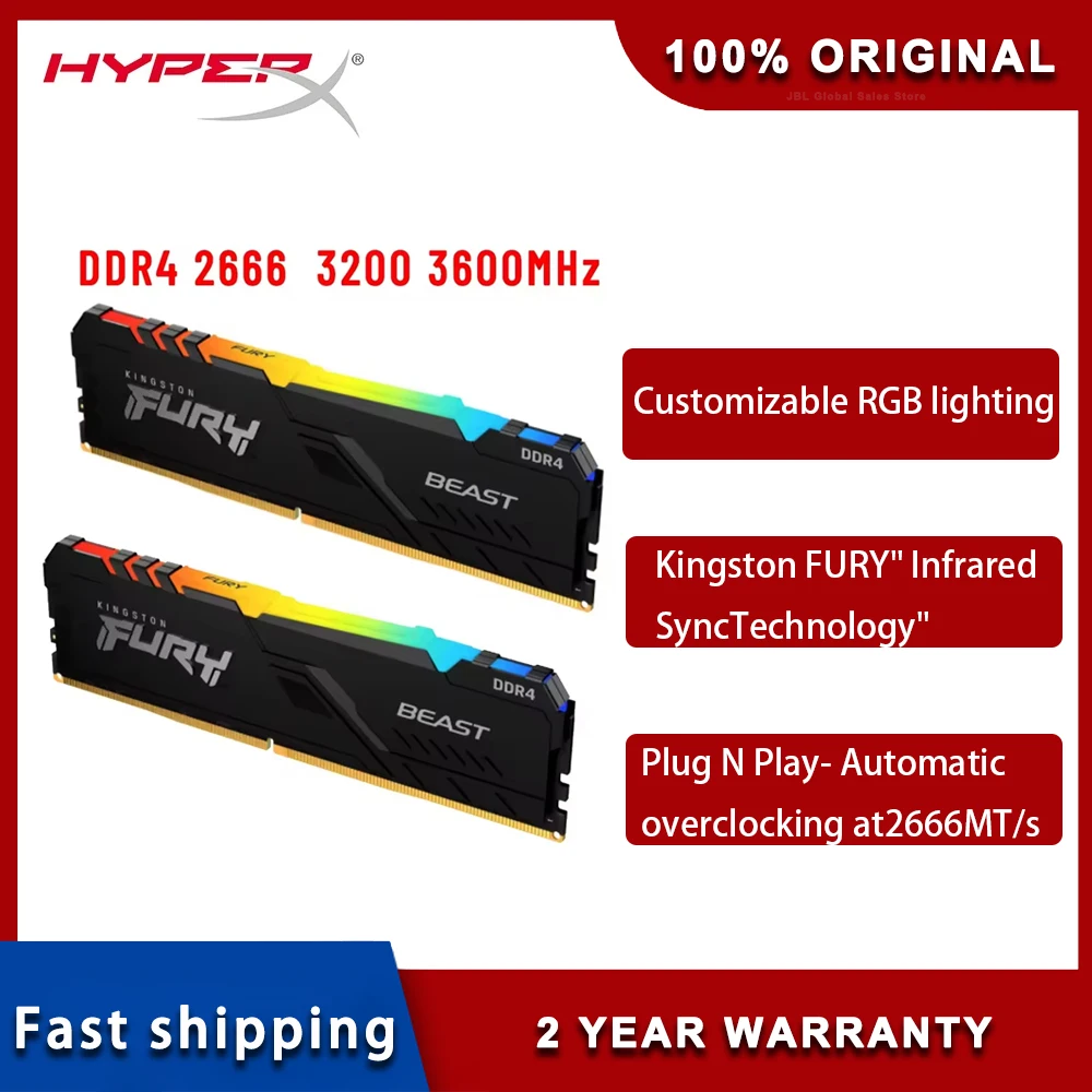 

Память HyperX Beast RGB 8 ГБ DDR4 для настольных игр, 3200 МГц, 2666 МГц, ОЗУ DIMM XMP 16 PC4-21300 PC4-25600 1,2 В с функцией ECC