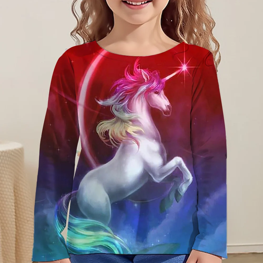 Children's Clothing Cartoon Horse Graphic T Shirts Fashion Girl Clothes Long Sleeve Blouse for Girls Kids T-Shirts Children Top