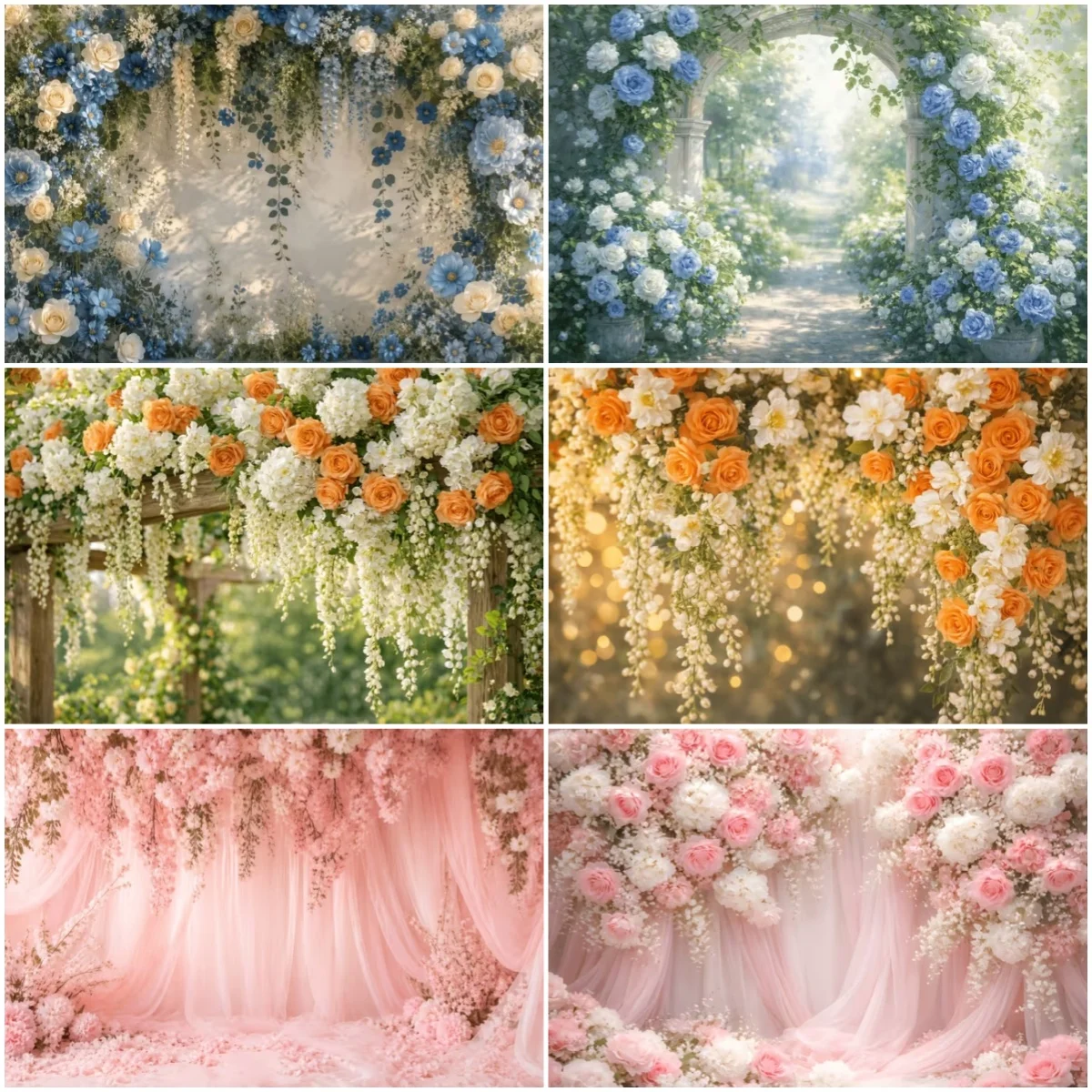 Colorful Floral Dreamy Wedding Backdrop Blue Pink White Flower Photography Background Family Friends Party Decorations Banner
