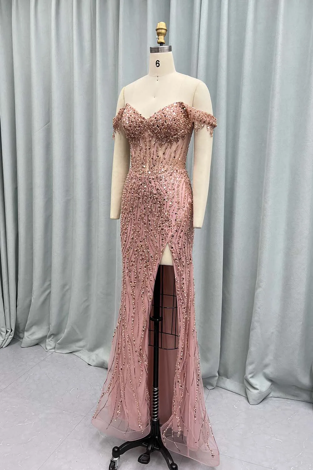 YQLNNE Luxury Rose Gold Off Shoulder Long Prom Dresses High Slit Fitted Sequin Pearls Formal Gown