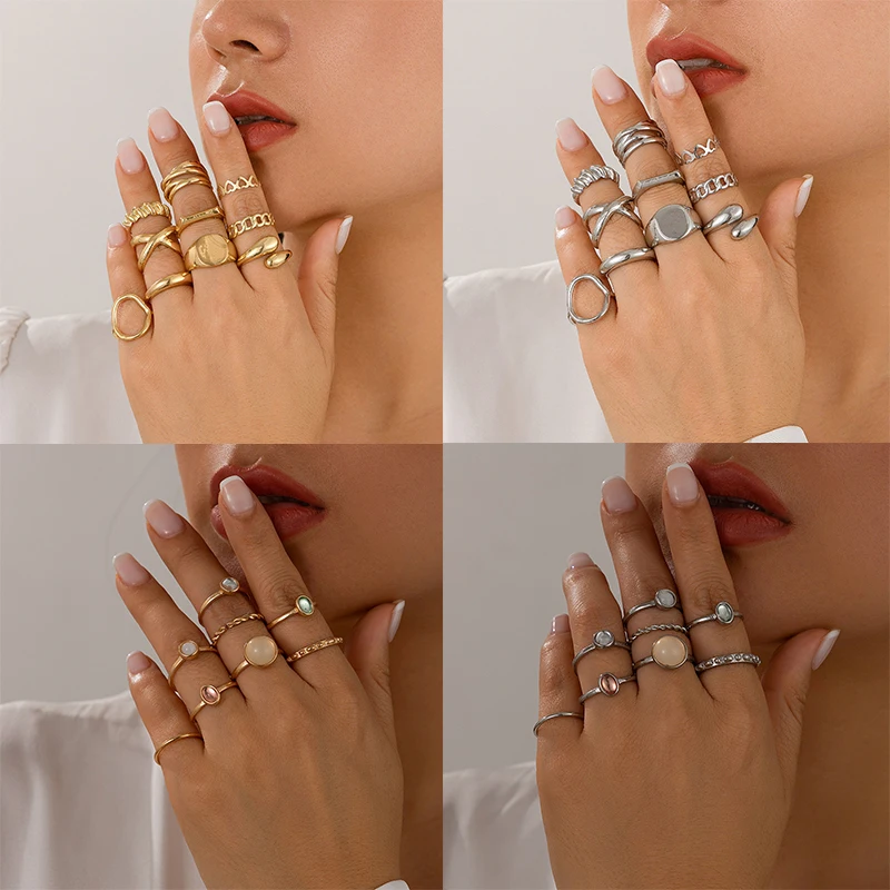 Punk Hollow Cross Chain Heart Line Wave Customized Rings Set for Women Fashion Jewelry Minimalist Accessories Support Wholesale