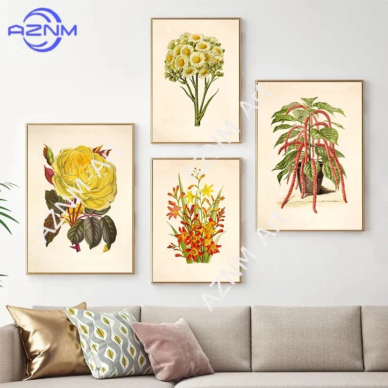 Classic Plant Bouquet Rose Daisies Daffodil Tulips Vintage Illustration Poster Canvas Paintings Wall Art Pictures Home Decor