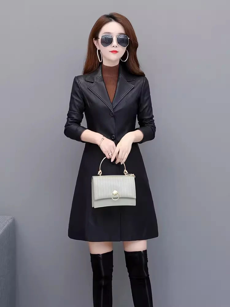 New Women Spring Autumn Leather Coat Fashion Turn-down Collar Single Breasted Slim Sheepskin Coat Split Leather Black Jacket