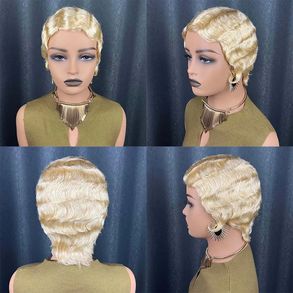Блондинка с волнистыми пальцами, короткий парик из натуральных волос для женщин, полностью машинная кепка, блондинка цвета, парик из 100% человеческих волос, повседневная вечеринка, косплей