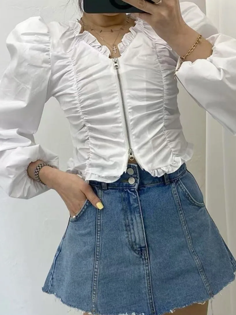 

Корейская женская приталенная блузка с рукавами-фонариками на молнии, новинка ранней весны, с эффектом стройности и мелкими деталями