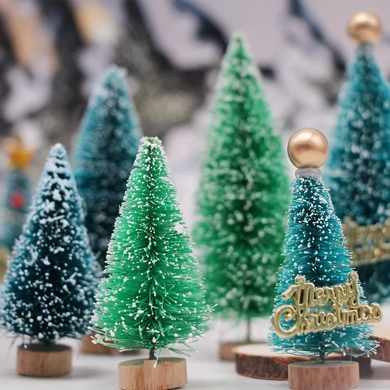 12pc Artificial Mini Christmas Tree Sisal Trees with Wood Base Bottle Brush Trees for Christmas Table Top Decor Winter Ornaments