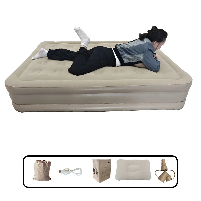 Durable Inflatable Air Mattress Glamping Mats PVC Inflatable Sleeping Mattress Double Height Inflatable Mattress Built-in Pump