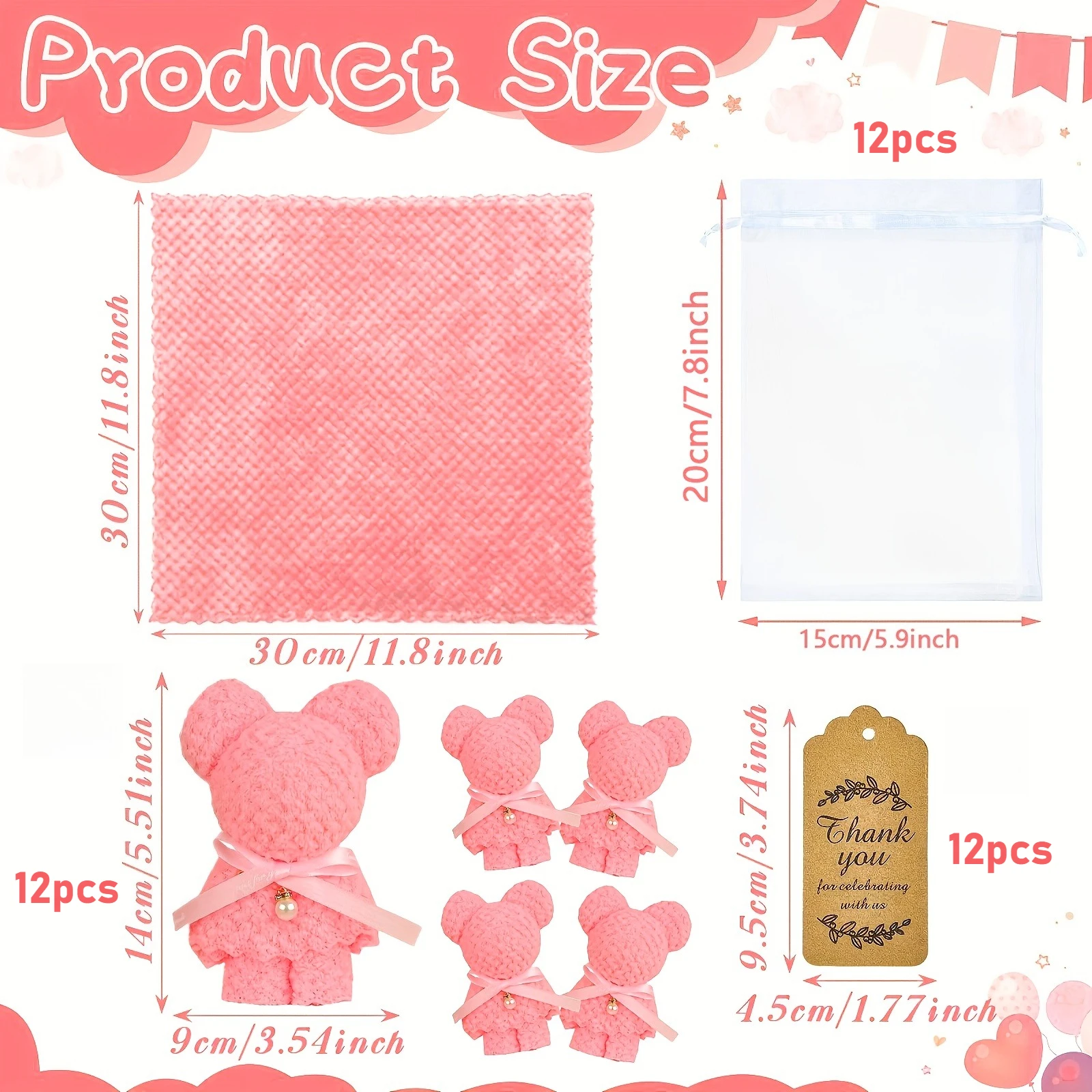 36 Stück/12 Sets Bärenförmiges Handtuch-Grußkarten-Geschenkset für Hochzeitsgeschenke, Brautparty, Taufe – Detail 1