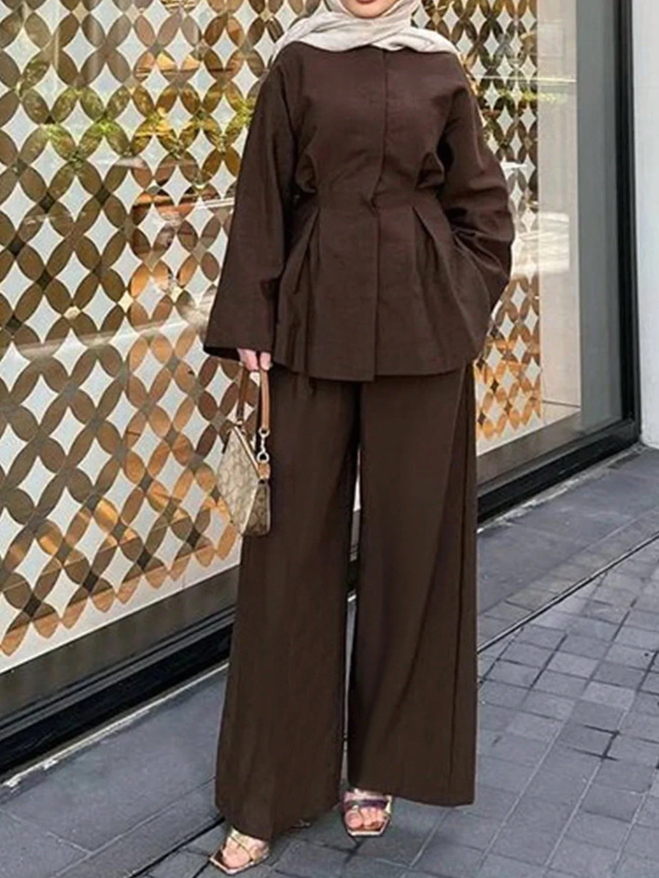 

Women's Elegant Collared Single-Breasted Long Sleeve Blouse And Wide Leg Pants Set Solid Color Spring