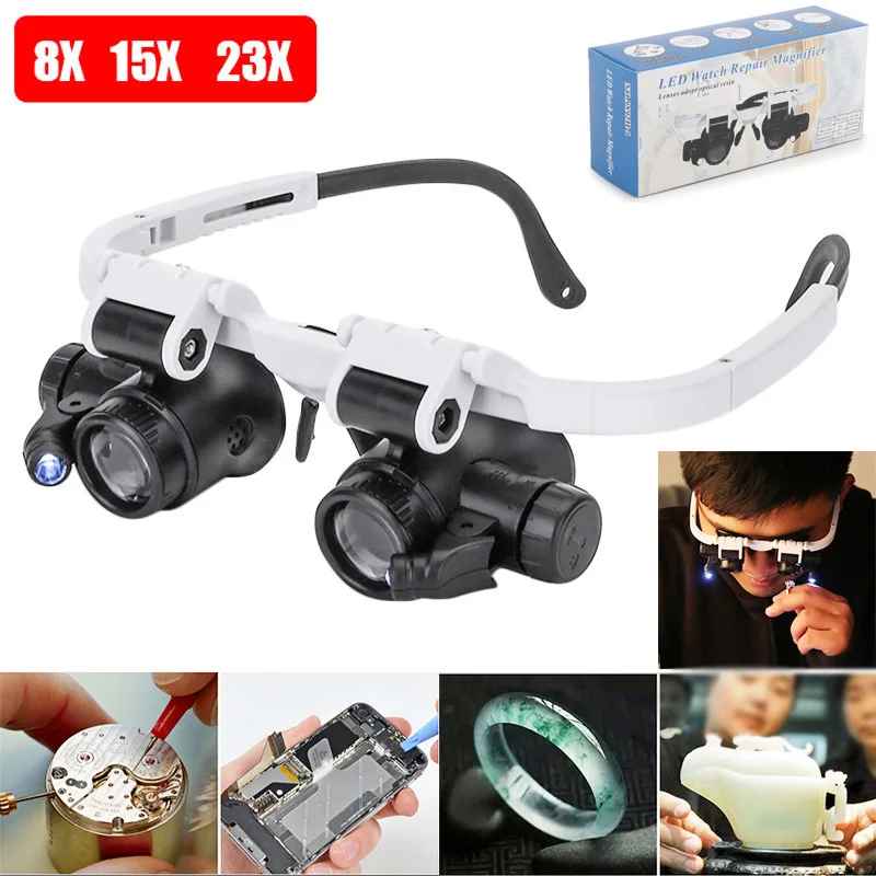 2 LED Watch Jeweler Repair Magnifier Head-Mounted Headband Adjustable Magnifying Glass with Light Head Eye Loupe 8X 15X 23X Lens