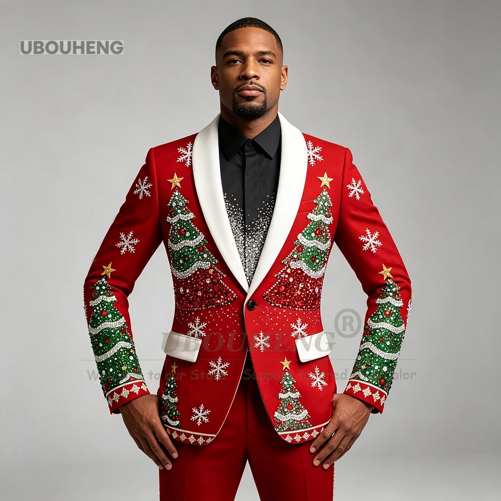 Handmade Suits Men Christmas Festival Beaded Crystals Sequin Prom Blazer Pants 2 Piece Sets Man Banquet Tuxedo Terno Masculinos