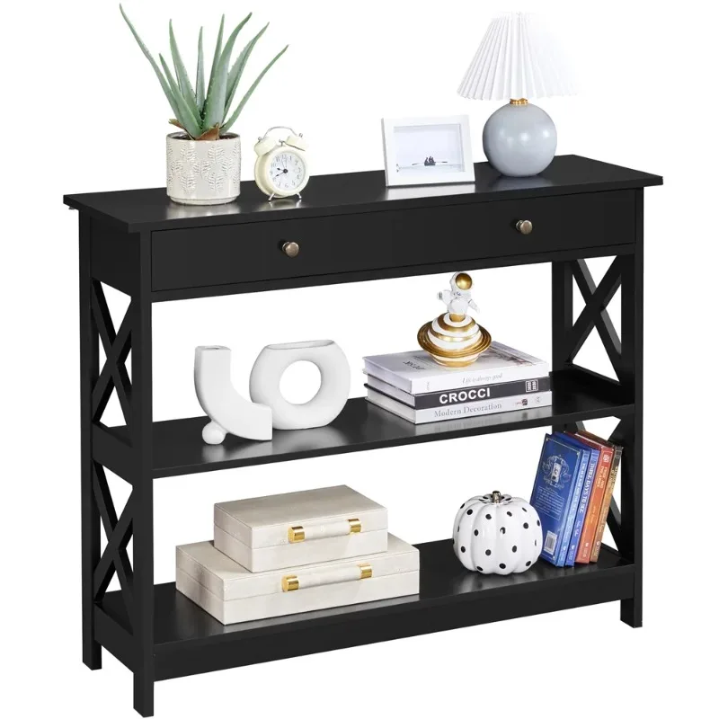 

3-Tier X-Design Wood Console Table with Storage Drawer, Black bookshelf storage shelf bookshelf storage