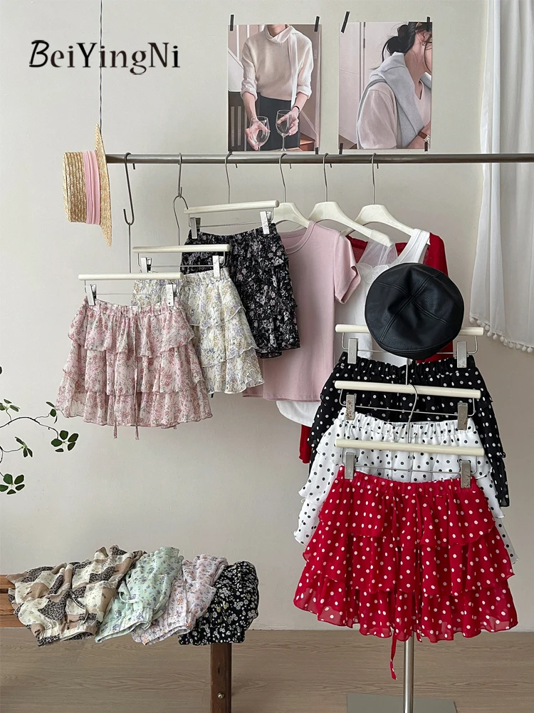 Beiyingni Summer y2k Shorts Skirts for Women Floral Printed Vintage Ruffles Cake Skirt 2026 Fashion Chiffon Vacation Boho Skirt