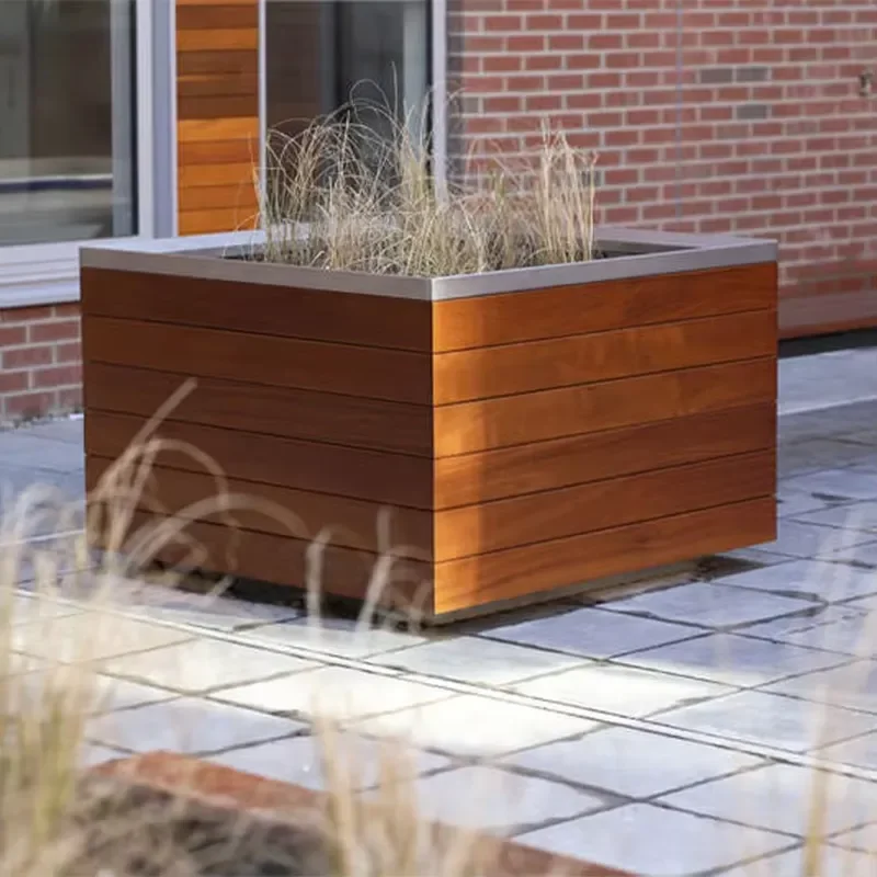 Outdoor Square Steel Frame Wooden Flowerpot Tall Planter with Seeding Chassis for Street Landscape Garden Decoration