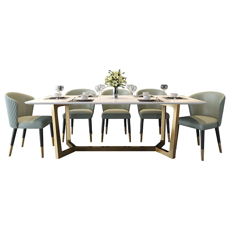 

Light luxury bright rock slab dining table rectangular modern apartment Italian art metal frame household