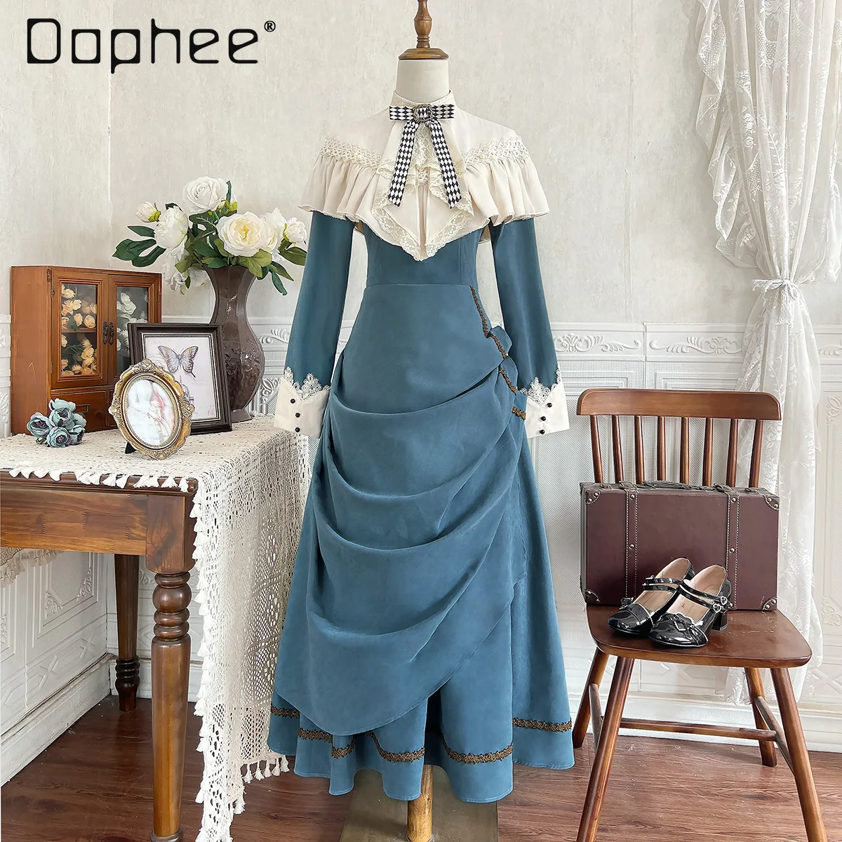 

Lolita Retro Pictorial Elegant Long-sleeved Op Dress for Women Bow Tie Semi-turtleneck Cape Sleeves Lolita Long Dress