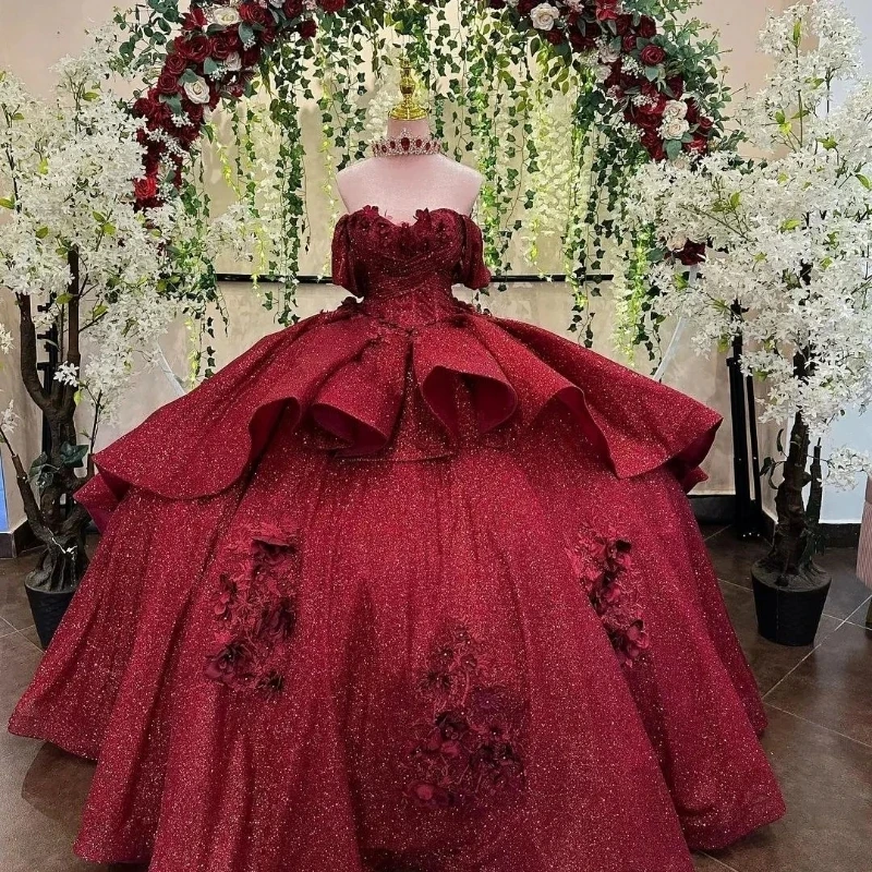 Luxury Red Shiny Sweetheart Quinceanera Dresses Flowers Appliques Lace Flowers Crystal Sweet 16 Prom Party Gowns Vestidos 15 De