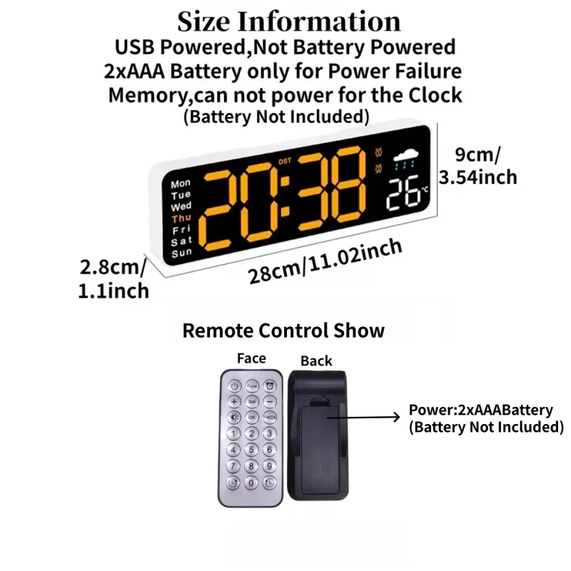 11 Inch Large Digital Wall Clock with Remote Date Week TEMP Humidity 12/24H DST Timing LED Alarm Clock for Living Room Bedroom