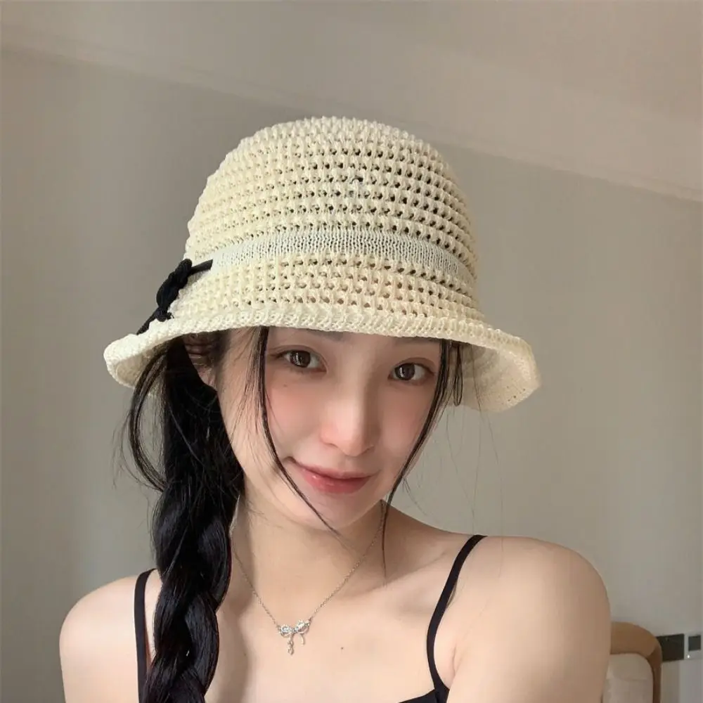 

Solid Color Sweet Sun Hat Trendy Wide Brim Crochet Bow Sunshade Hat Sun Protection UV Protection Knitted Bucket Hat Summer