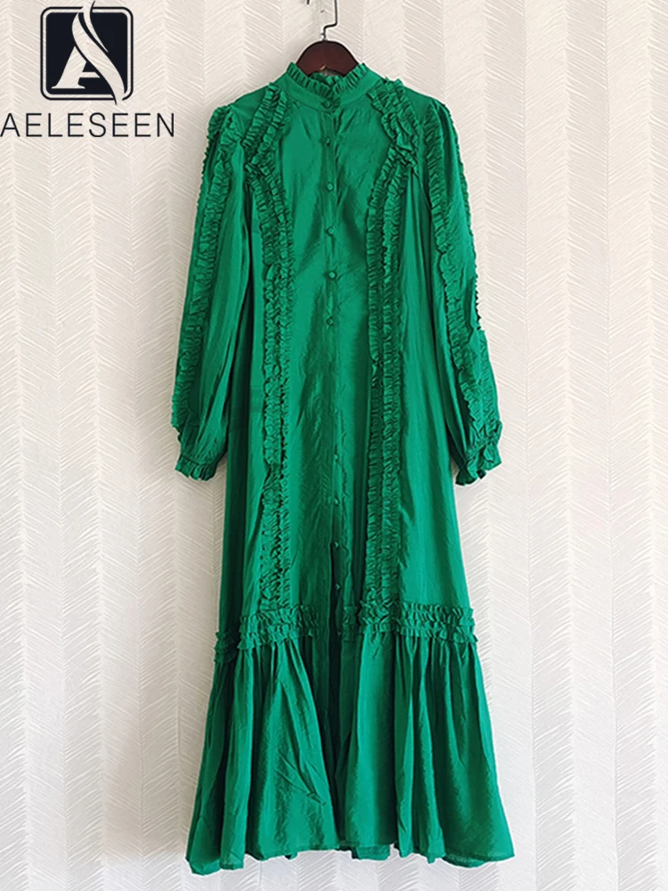 

AELESEEN Fashhion Runway Women Green Dress 2022 Spring Summer Pink White Edible Tree Fungus Ruffles Belt Full Party Vacation