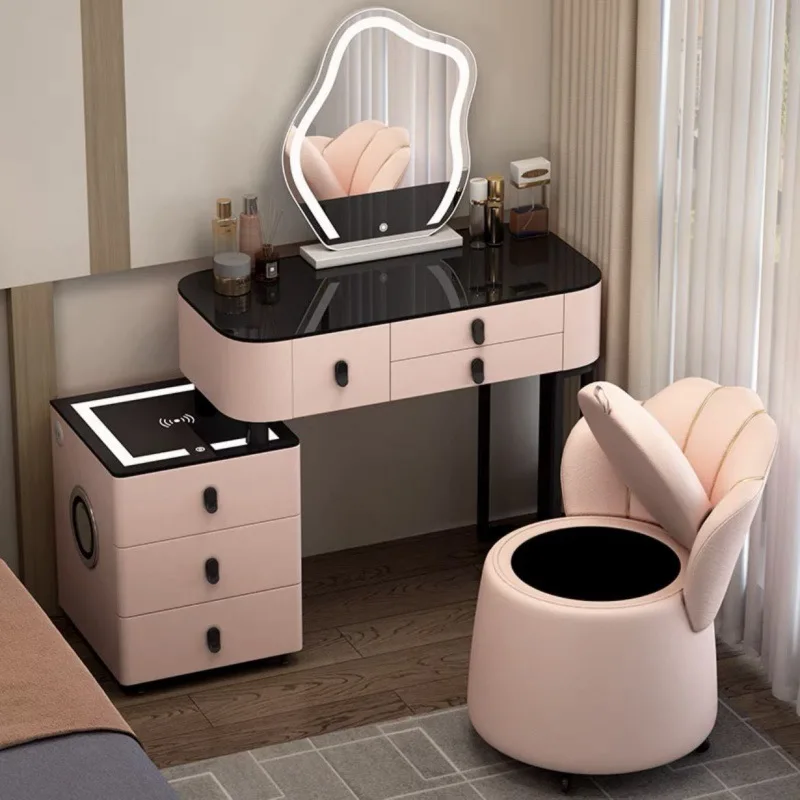 Cômoda de madeira maciça HYS para quarto, com tecnologia inteligente multifuncional, penteadeira com áudio Bluetooth, luxo discreto e design simples.