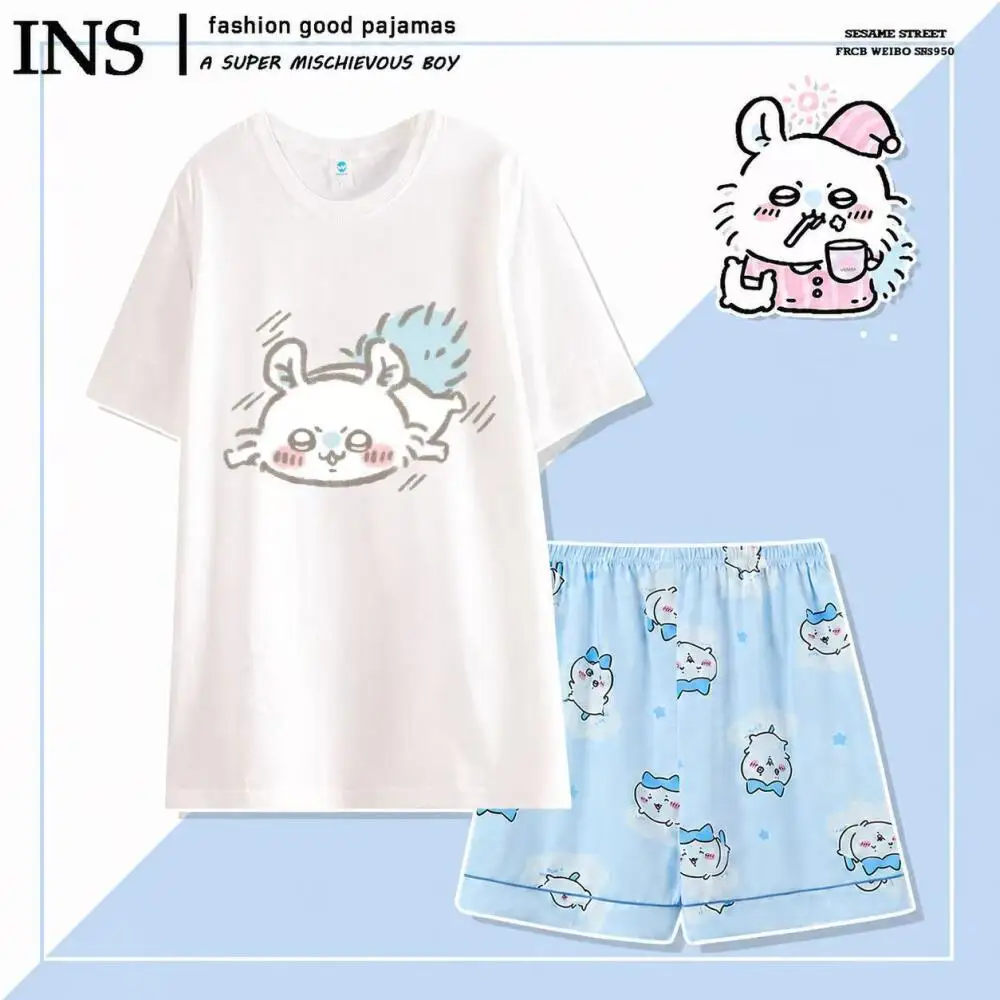 Kawaii Chiikawa Summer 2Pcs Pajamas Suit Women Anime Usagi Cotton Short Sleeved Shorts Hachiwares Cute Cartoon Girls Homewear